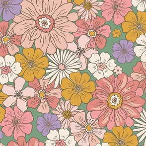 XL Retro Flowers – 1960s and 1970's Floral, peach pink orange on vintage green (24" repeat- flw5)