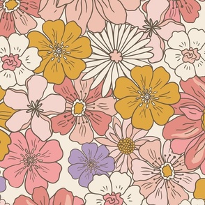 Jumbo Retro Flowers – 1960s and 1970's Floral, peach pink orange on cream (32" repeat- flw5)