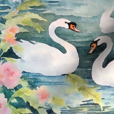 Swan lake and roses watercolor