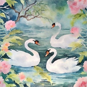 Swan lake and roses watercolor