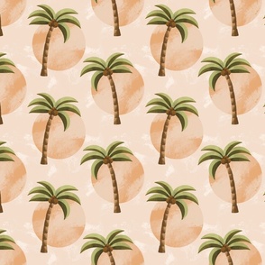 Minimalist Aesthetic Coconut Palm Trees Beach Sunset Pattern With Beige, Sage Green And Earth Tones