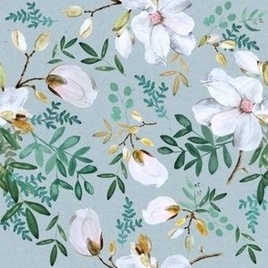Small White Botanical on Teal / Watercolor Leaves / Gold Green Eucalyptus