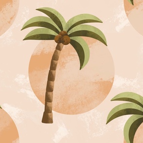 (Large Scale) Minimalist Aesthetic Coconut Palm Trees Beach Sunset Pattern With Beige, Sage Green And Earth Tones