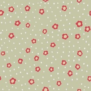 Cheerfull bright red flowers with a soft yellow center on a sage green background with white dots 