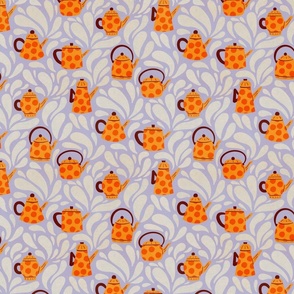 Spotty Teapots: Orange Teapots with polka-dots on a Purple Background (Medium)