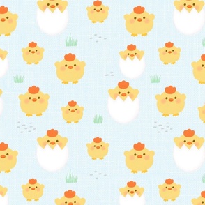 Spring Chicks on Light Blue-linen texture, Easter Fabric, Cute Easter, Chic Fabric, Eggs, Nursery Fabric 