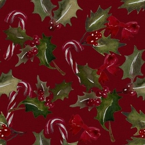 Vintage Christmas Holly with berrys and candy cans - Dark Red background