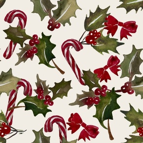Vintage Christmas Holly with berrys and candy cans - Offwhite Background - Large Size