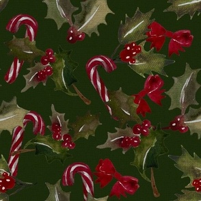 Vintage Christmas Holly with berrys and candy cans - Dark Green  Background