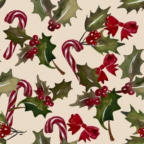 Vintage Christmas Holly with berrys and candy cans - Cream  Background