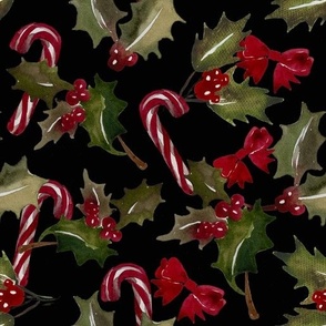 Vintage Christmas Holly with berrys and candy cans - Bl ck  Background