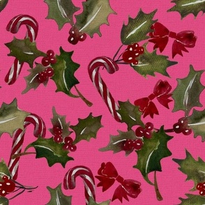 Vintage Christmas Holly with berrys and candy cans - Chocking Pink  Background