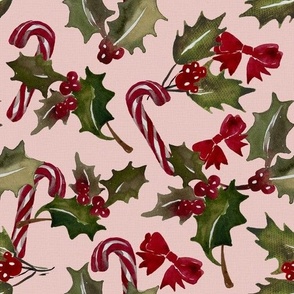 Vintage Christmas Holly with berrys and candy cans - Old pink background