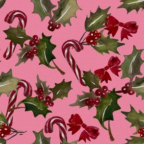 Vintage Christmas Holly with berrys and candy cans -Pink background