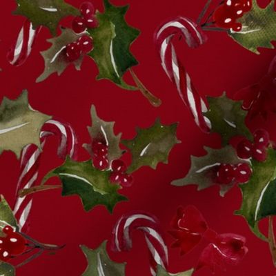 Vintage Christmas Holly with berrys and candy cans - Red background