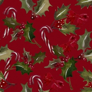Vintage Christmas Holly with berrys and candy cans - Red background