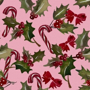 Vintage Christmas Holly with berrys and candy cans  - Light Pink background
