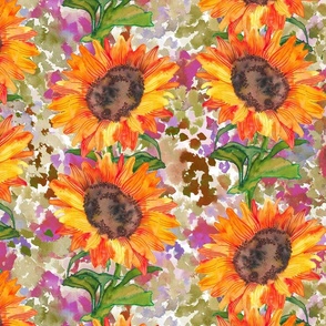 Sunflower on a bed of meadow flower in smudge soft green purple greys- Mid scale