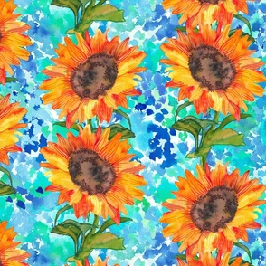 Sunflower on meadow smudge flowers in blue and turquoise - Mid scale