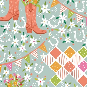 Cowgirl boots flowers sage green wallpaper scale
