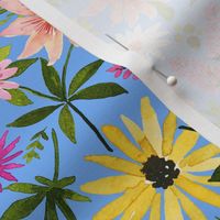 Hand Painted Watercolor Summer Florals on Pastel Ultramarine, Pink White Yellow Flowers, L