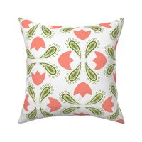 Folk Tulips, Coral and Leaf Green on White