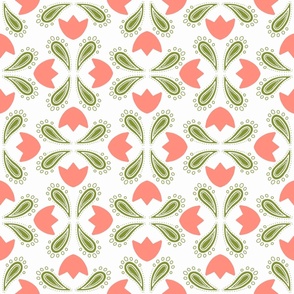 Folk Tulips, Coral and Leaf Green on White