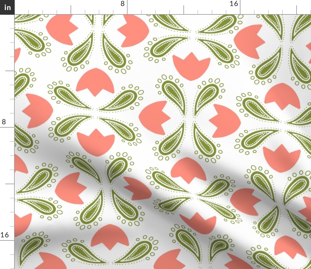 Folk Tulips, Coral and Leaf Green on White