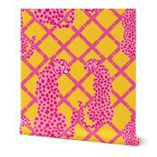 Preppy pink cheetah on pink and yellow lattice