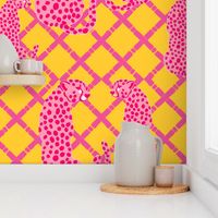 Preppy pink cheetah on pink and yellow lattice