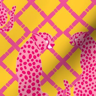 Preppy pink cheetah on pink and yellow lattice