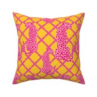Preppy pink cheetah on pink and yellow lattice