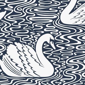 Swan Lake - soft white on dark navy blue, Large Scale by Cecca Designs