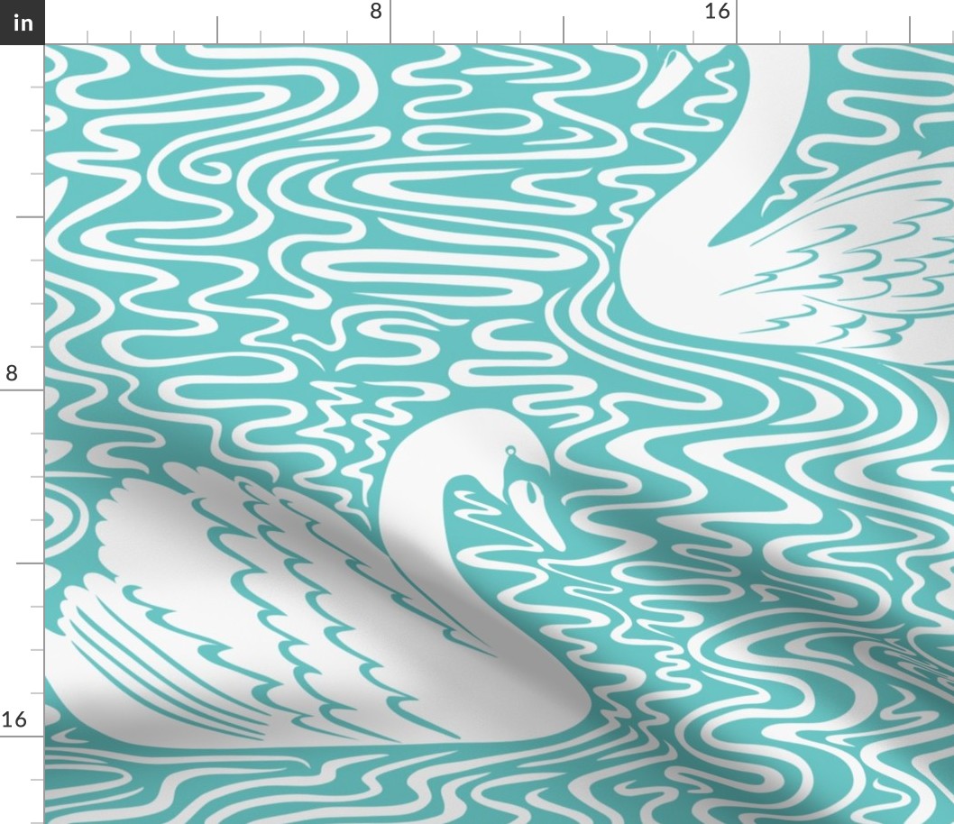 Swan Lake - soft white on aqua turquoise blue, Large Scale by Cecca Designs
