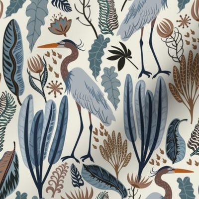 heron and plants - blue cream - small