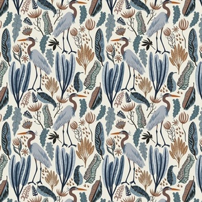 heron and plants - blue cream - small