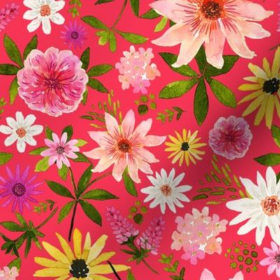 Hand Painted Watercolor Summer Florals on Bright Red, Pink White Yellow Flowers, L