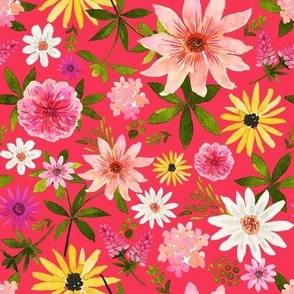 Hand Painted Watercolor Summer Florals on Bright Red, Pink White Yellow Flowers, L