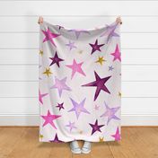 watercolour stars in wine, fuchsia, ochre and lavender on pale pink with linen texture (large scale) 