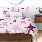 watercolour stars in wine, fuchsia, ochre and lavender on pale pink with linen texture (large scale) 