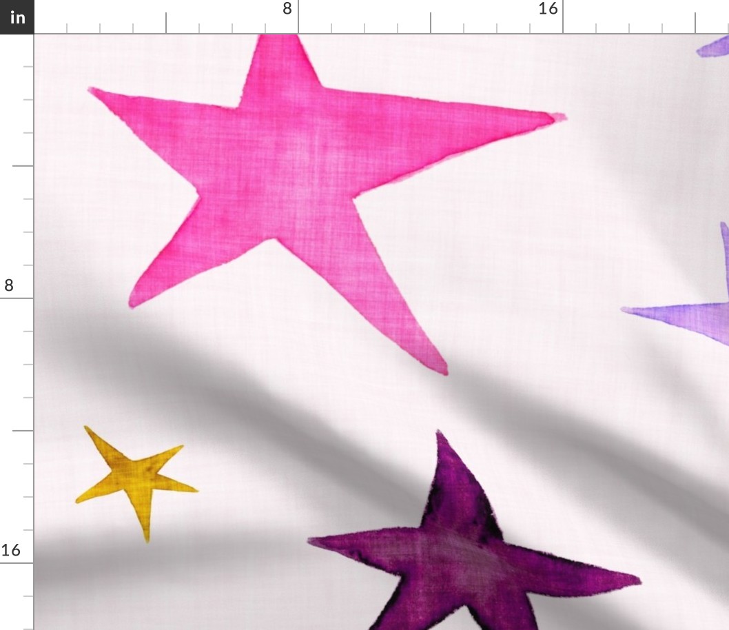 watercolour stars in wine, fuchsia, ochre and lavender on pale pink with linen texture (large scale) 