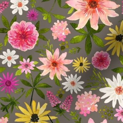 Hand Painted Watercolor Summer Florals on Dark Grey, Pink White Yellow Flowers, L