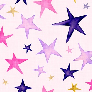 watercolour stars in dark purple , fuchsia, ochre and lavender on pale pink with linen texture (large scale) 