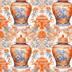 Ginger jars, chinoiserie jars, orange and grey, traditional, grandmillennial, preppy