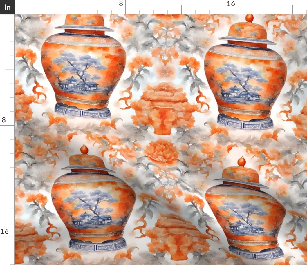 Ginger jars, chinoiserie jars, orange and grey, traditional, grandmillennial, preppy