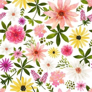 Hand Painted Watercolor Summer Florals on White, Pink White Yellow Flowers, L