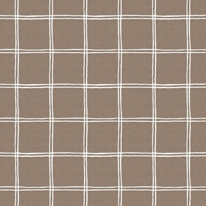 (S) Hand-drawn Windowpane Checks - White Stripes on Earthy Leather Brown