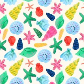 Watercolour Shells & Starfish In Bright Multi-colours - Large Print