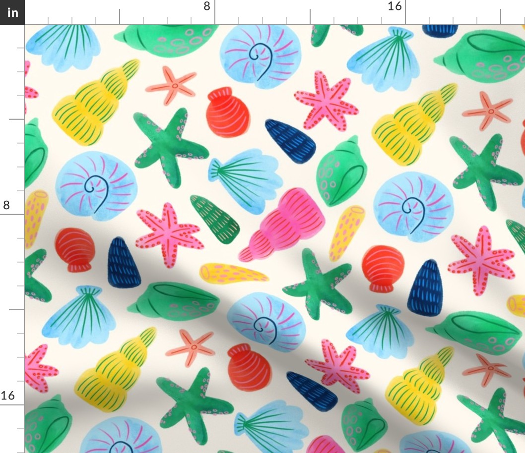 Watercolour Shells & Starfish In Bright Multi-colours - Large Print
