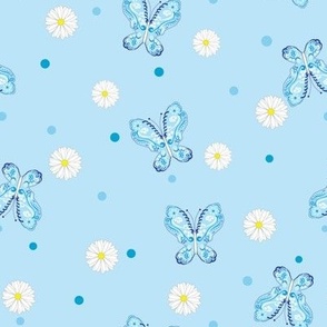 Butterflies and Daisies on baby blue 8x8